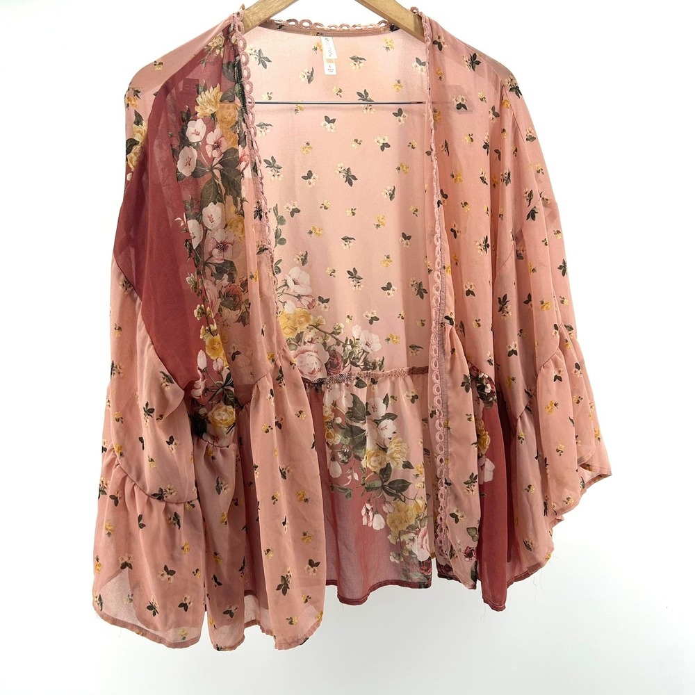 Xhilaration Womens Large Pink Floral Chiffon Ruffle Kimono Cardigan Top L
